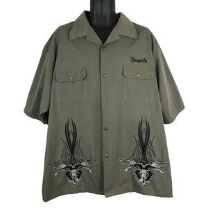 Vintage Y2K Dragonfly Shirt Size 2XL Green Embroidered Tribal Skeleton Biker